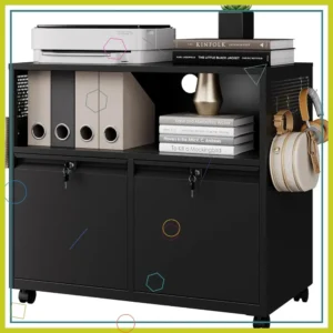 2-Drawer Locking Metal File Cabinet with Wheels, Lateral Printer Stand Storage for Home Office A4 Letter Files (Black)
