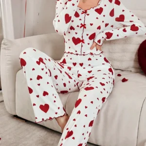 Autumn Winter 2 Pieces Pajamas Sets for Women Sleepwear Heart Print Long Sleeve Tops with Long Pants Trouser Set Pyjamas