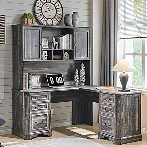 59" L Shaped Executive Desk with Hutch,Farmhouse Wood Computer Desk, Featuring Charging Station,File Drawer, Storage Cabinet,fo - Image 9