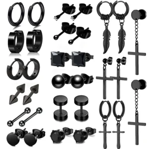 1/16 pairs Black Punk Stainless Steel Women Men Hoop Earrings Small Trendy Round Cross Pendants Jewelry Accessories Earrings