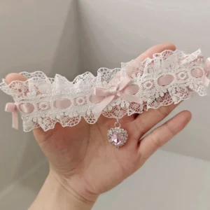 30cm Lace Bow Necklace Sweet Love Heart Gem Charm Lolita Girls Necklace Cosplay Collar Chains Dancing Jewelry for Wedding Party