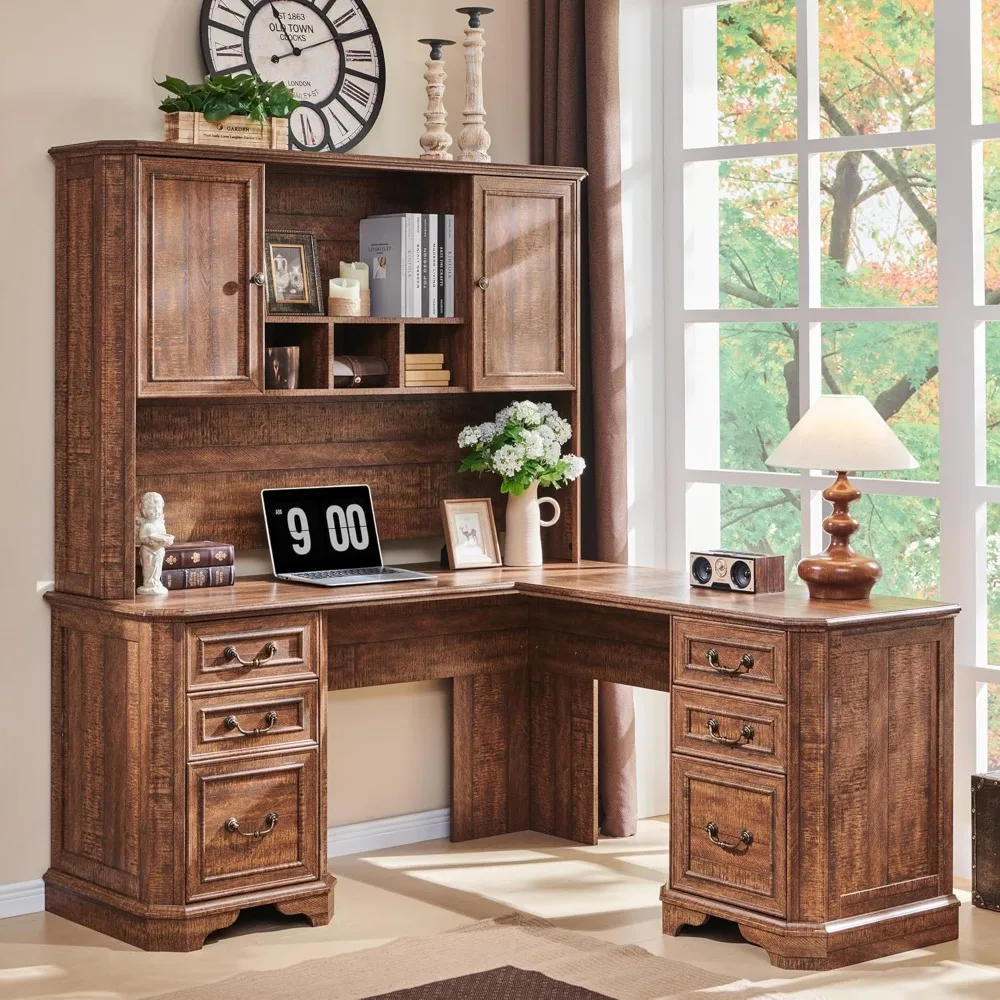 59" L Shaped Executive Desk with Hutch,Farmhouse Wood Computer Desk, Featuring Charging Station,File Drawer, Storage Cabinet,fo