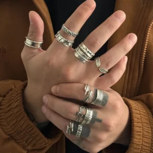 PuRui 12 Pcs Vintage Punk Metal Ring Sets for Men Gothic Silver Color Adjustable Opening Rings Grunge Jewelry Daily Accessories