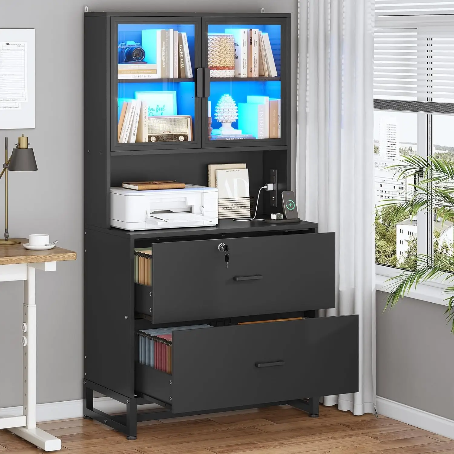 2 Drawer Wood File Cabinet with Lock And Charging Station Filing Cabinet for Letter Legal A4 Size Customized Office Furniture
