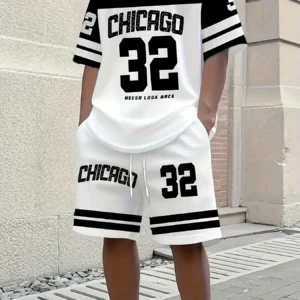 Summer Men's Chicago-Themed Relaxed Set Size 32 Printed T-Shirt and Shorts Set Adult Sports Casual Plus Size Two-Piece Set