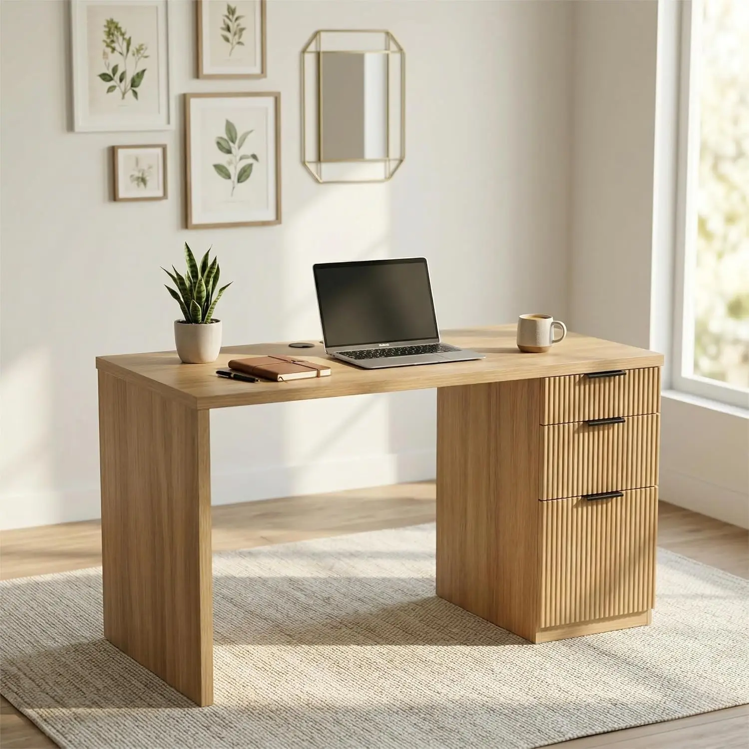 58" Executive Desk with Outlet, File Cabinet & 3 Drawers, Office Workstation Oak, Customized - Image 2