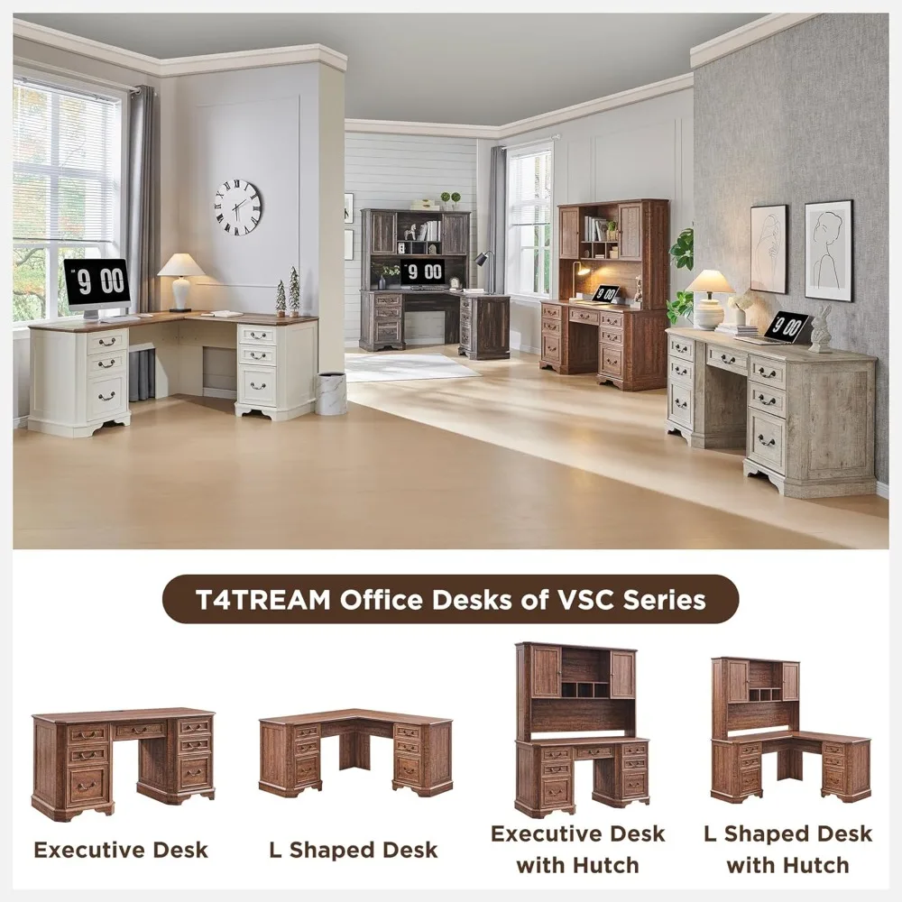 59" L Shaped Executive Desk with Hutch,Farmhouse Wood Computer Desk, Featuring Charging Station,File Drawer, Storage Cabinet,fo - Image 6