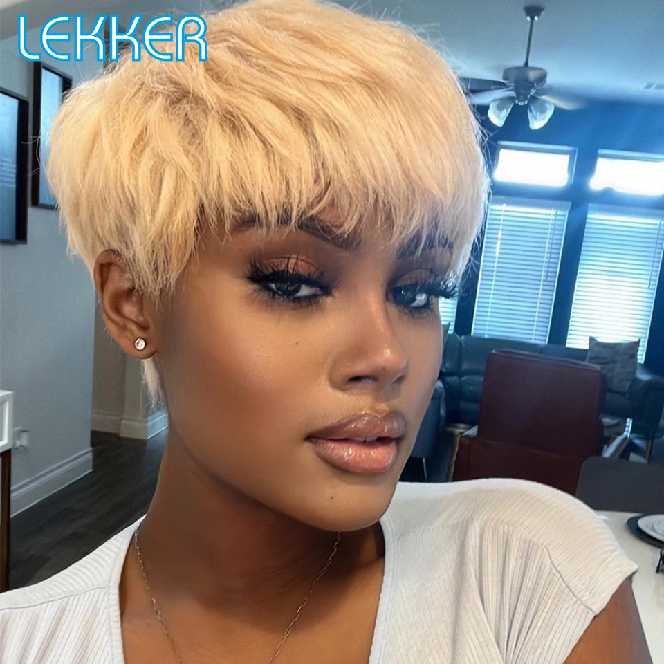 Lekker Colored Short Pixie Cut Straight Bob 100% Human Hair Wigs With Bangs For Women Brazilian Remy Hair Burgundy Red Clearance - Image 9