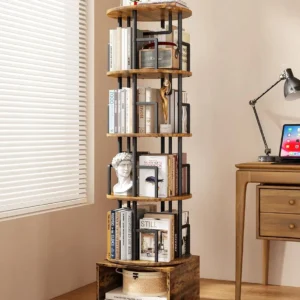 5 Tier Rotating Bookshelf with Storage Cabinet, 360° Spinning Corner Bookcase for Kids & Adults, Vintage Brown