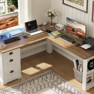 L Shaped Desk with LED Lights 59in Corner Computer Desk with Drawer & Power Outlets for Home Office Gaming, Customized