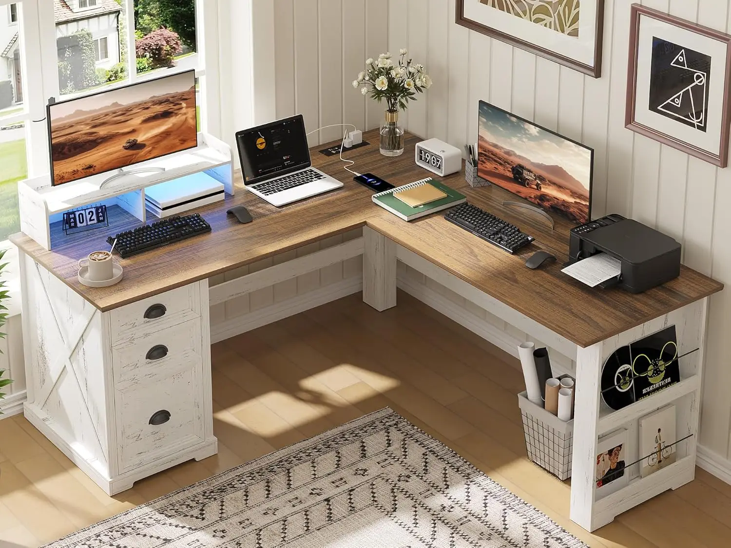L Shaped Desk with LED Lights 59in Corner Computer Desk with Drawer & Power Outlets for Home Office Gaming, Customized