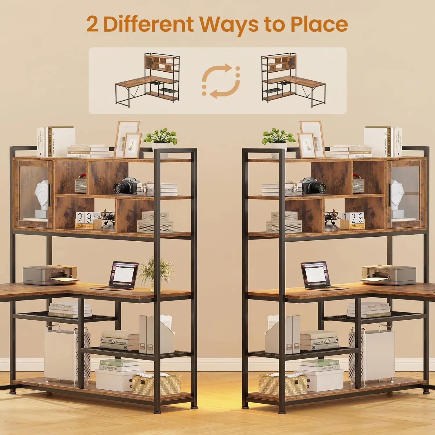 L Shaped Computer Desk, 58'' Office Desk with LED Light and Bookshelf, L Shaped Corner Desk with Storage Shelves, Customized - Image 5