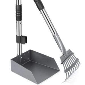 Dog Pooper Scooper, Dog Poop Tray and Rake Set, Pet Waste Removal Scoop with Long Adjustable Sectional Stainless Handles