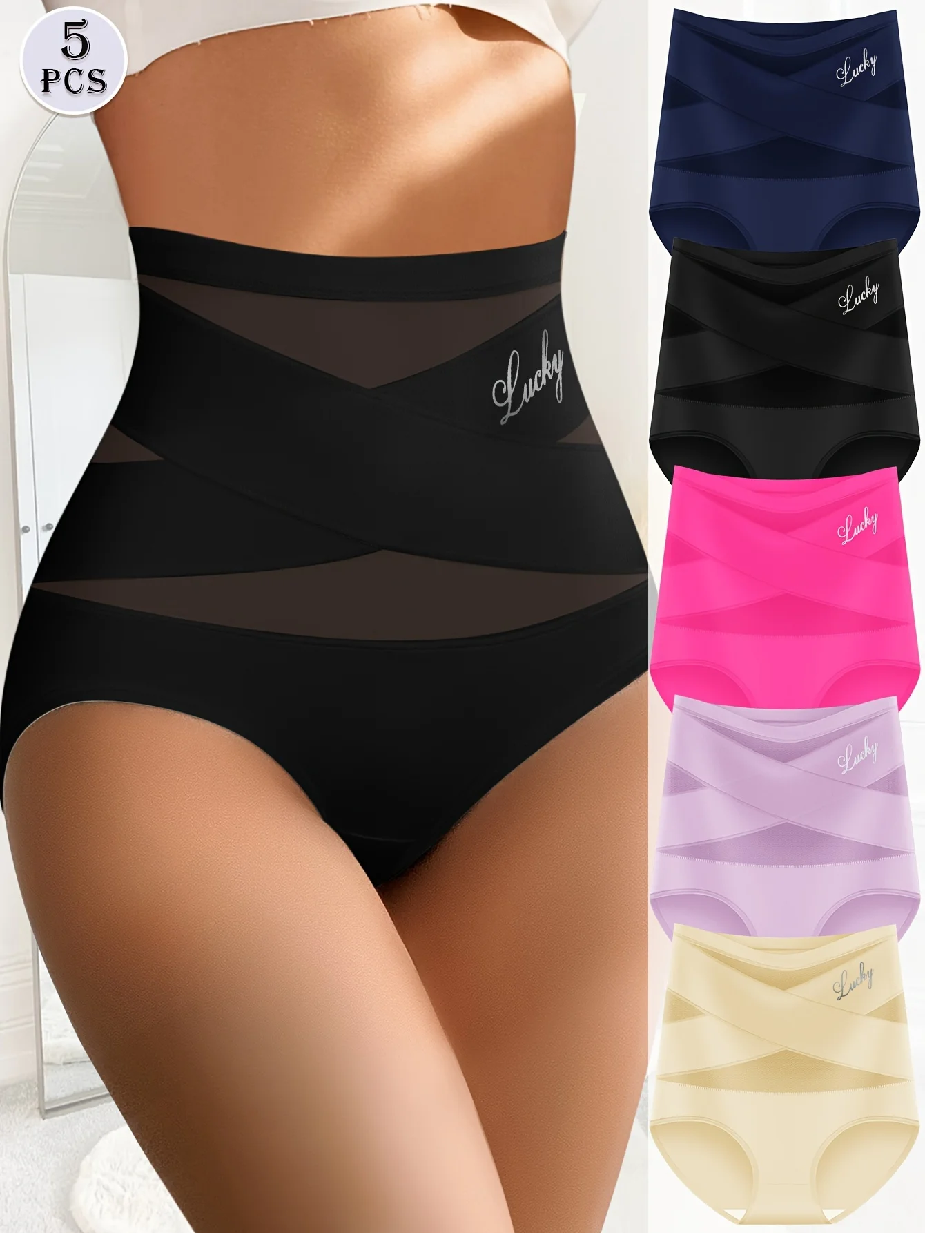 5 pcs Big Size High Waisted Tummy Tightening Ladies Panties Breathable Mesh Cross Hip Lifting Ice Silk Traceless Women's Panties - Image 6