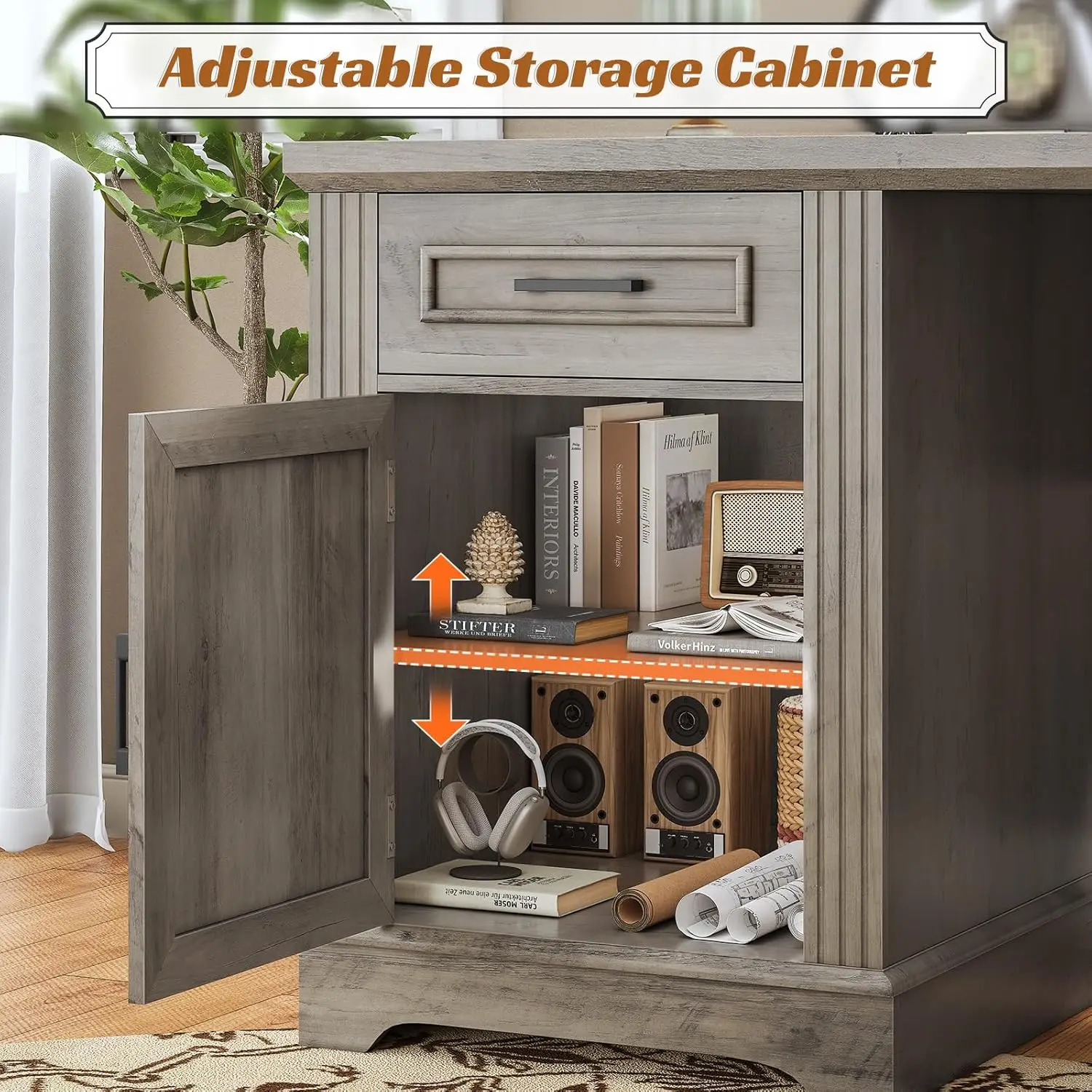 69" L Shaped Desk With Drawers Storage File Cabinet Power Outlet Home Office Grey, Customized - Image 6