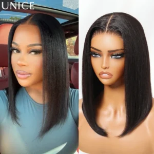 UNice 100% Human Hair Yaki Straight Bob Wig With Drawstring 7x5 & 13x4 Lace Glueless Bob Wigs