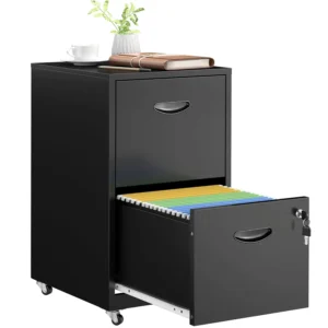 2 Drawer File Cabinet With Lock，Black Rolling File Cabinet For Home Office, Metal Small Mobile Filing Cabinets On, Customize