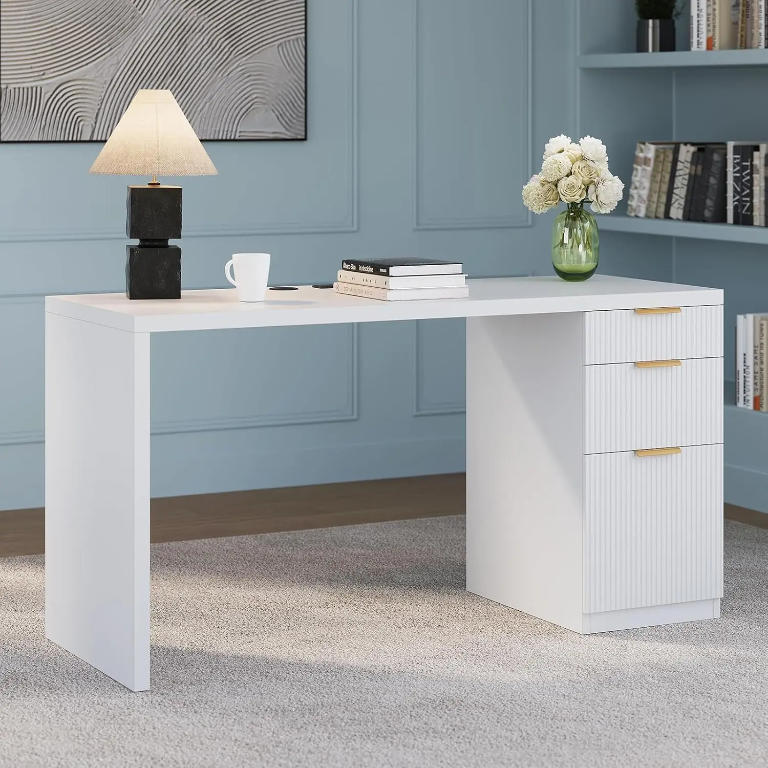 58" Executive Desk with Outlet, File Cabinet & 3 Drawers, Office Workstation Oak, Customized - Image 7
