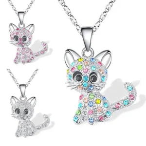 Cute Colorful Cat Diamond-Studded Pendant, Minimalist Women's Jewelry, European & American Cartoon Animal Clavicle Necklace