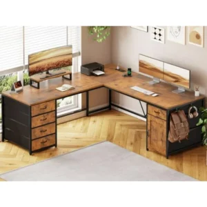 L Shaped Desk 63 Computer Desk with 5 Drawer Power Outlet Long Home Office Desk or Corner Desk L Shaped Corner Desk with Monito