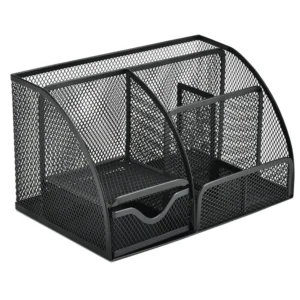 Mesh Pen Holder and Organizer Office Supplies with 7 Compartments, Desktop Organizer with Drawer, Metal Pen Holder for Desk