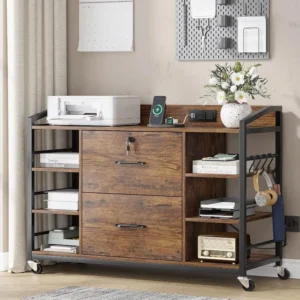 44" File Cabinet, Filing Cabinet fits Legal/Letter Size, 2 Drawer File Cabinets for Home Office with Lock, Power Strip, 6