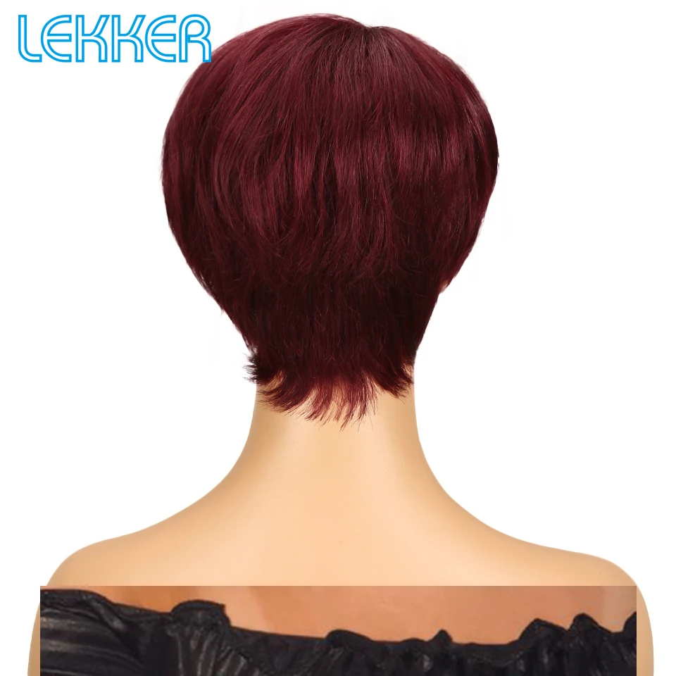 Lekker Colored Short Pixie Cut Straight Bob 100% Human Hair Wigs With Bangs For Women Brazilian Remy Hair Burgundy Red Clearance - Image 5