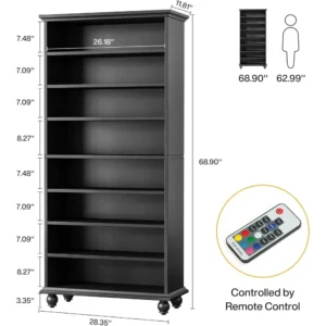 Bookcase with LED Lighting,Freestanding Bookshelf with Solid Wood Legs,Open Display Shelf Organizer for Living Room, Home Office