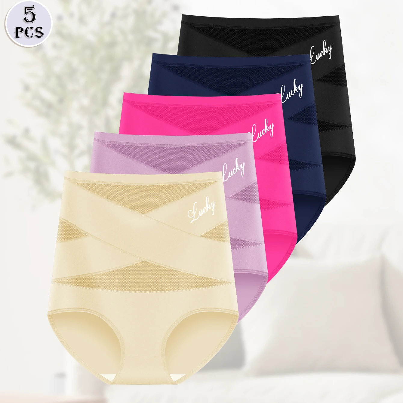 5 pcs Big Size High Waisted Tummy Tightening Ladies Panties Breathable Mesh Cross Hip Lifting Ice Silk Traceless Women's Panties - Image 4