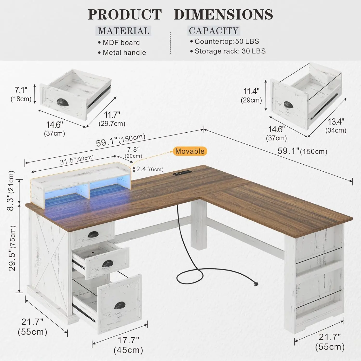 L Shaped Desk with LED Lights 59in Corner Computer Desk with Drawer & Power Outlets for Home Office Gaming, Customized - Image 2