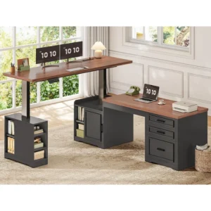SEDETA Farmhouse L Shaped Electric Standing Desk, 63" x 67" Height Adjustable Home Office Executive Desk with Drawers