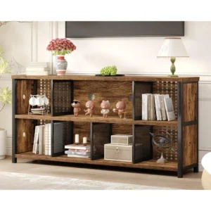Rustic Horizontal Bookshelf, Industrial Bookcase Cube Storage Organizer, Wide Large Metal Wooden Office Cube Shelf,, Customized