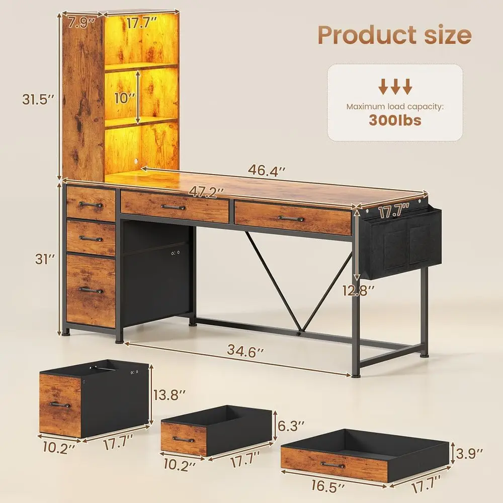 5-Drawer Rustic Brown Desk with Bookshelf and LED Lights, Compact Home Office Gaming Corner Desk with Storage Customized - Image 2