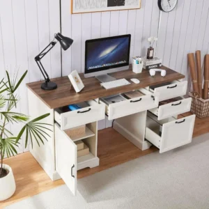 60 farmhouse administrative desks with charging stations, home desks with 4 drawers, 1 cabinet, and 1 filing cabinet