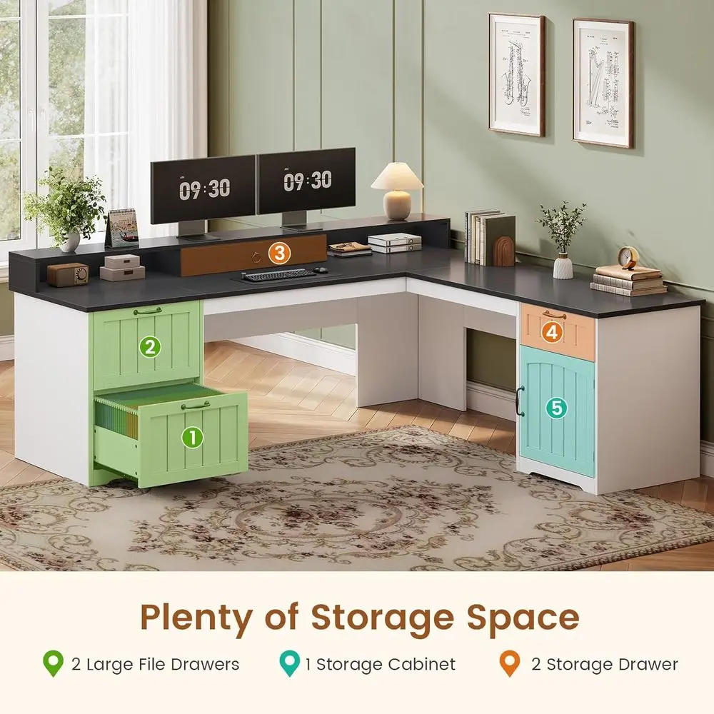 63-inch L-Shaped Desk with Drawers, Office Desk with File Storage, Wooden Computer Desk with Storage, Home Office Desk with Moni - Image 4