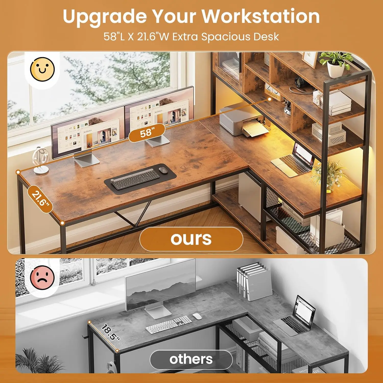L Shaped Computer Desk, 58'' Office Desk with LED Light and Bookshelf, L Shaped Corner Desk with Storage Shelves, Customized - Image 6