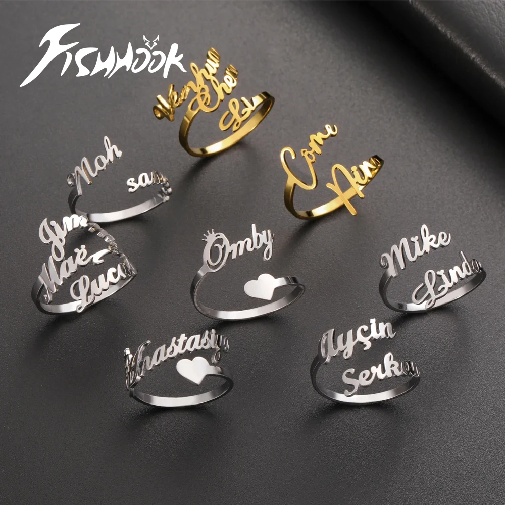 Custom Double First Name Finger Ring For Women Men Personalized Couple Family Gift Gold Color Stainless Steel Metal Jewelry